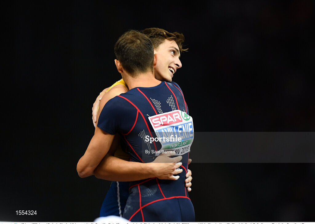 12 August 2018; Armand Duplantis of Sweden, left, is congratulated by Renaud Lavillenie of France after winning the Men's polevault during Day 6 of the 2018 European Athletics Championships at The Olympic Stadium in Berlin, Germany. Photo by Sam Barnes/Sportsfile