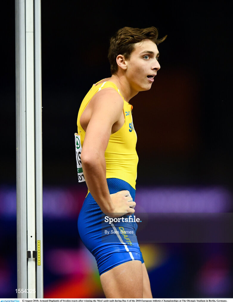 12 August 2018; Armand Duplantis of Sweden reacts after winning the Men's polevault during Day 6 of the 2018 European Athletics Championships at The Olympic Stadium in Berlin, Germany. Photo by Sam Barnes/Sportsfile