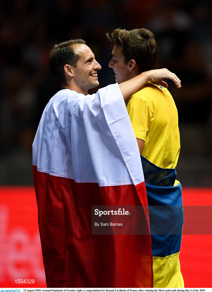12 August 2018; Armand Duplantis of Sweden, right, is congratulated by Renaud Lavillenie of France after winning the Men's polevault during Day 6 of the 2018 European Athletics Championships at The Olympic Stadium in Berlin, Germany. Photo by Sam Barnes/Sportsfile