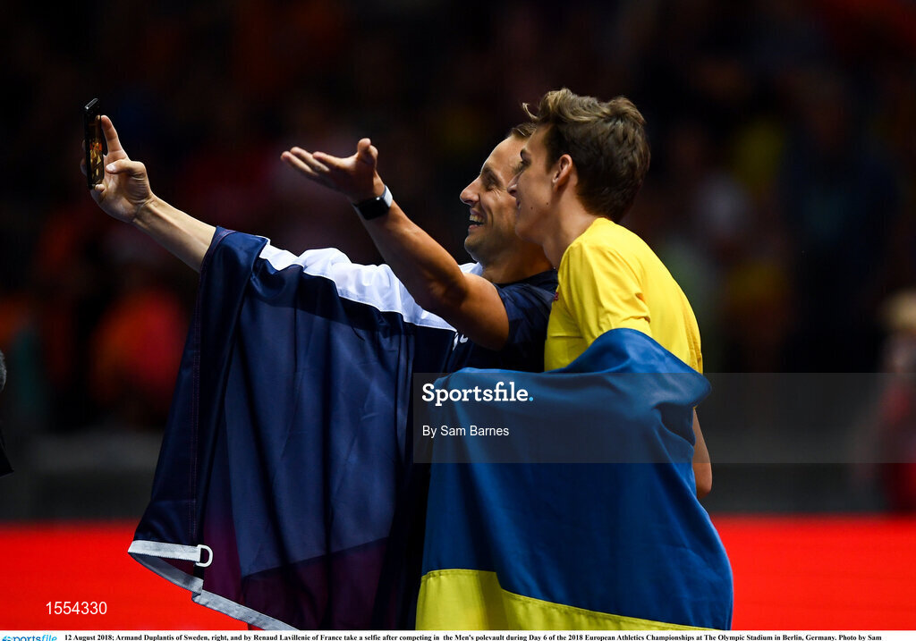 12 August 2018; Armand Duplantis of Sweden, right, and by Renaud Lavillenie of France take a selfie after competing in  the Men's polevault during Day 6 of the 2018 European Athletics Championships at The Olympic Stadium in Berlin, Germany. Photo by Sam Barnes/Sportsfile