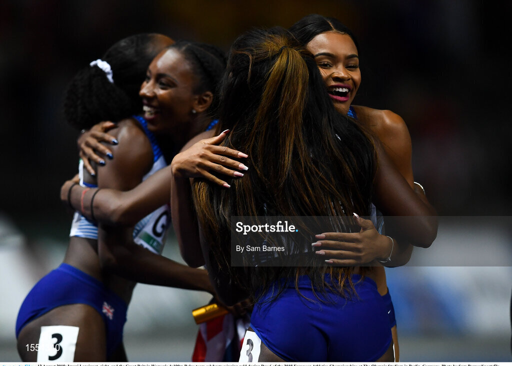 12 August 2018; Imani Lansiquot, right, and the Great Britain Women's 4x100m Relay team celebrate winning gold during Day 6 of the 2018 European Athletics Championships at The Olympic Stadium in Berlin, Germany. Photo by Sam Barnes/Sportsfile