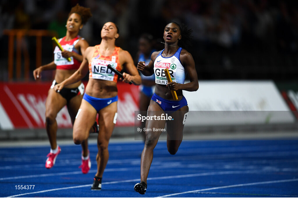 12 August 2018; Dina Asher-Smith of Great Britain after winning the Women's 4x100m relay  during Day 6 of the 2018 European Athletics Championships at The Olympic Stadium in Berlin, Germany. Photo by Sam Barnes/Sportsfile