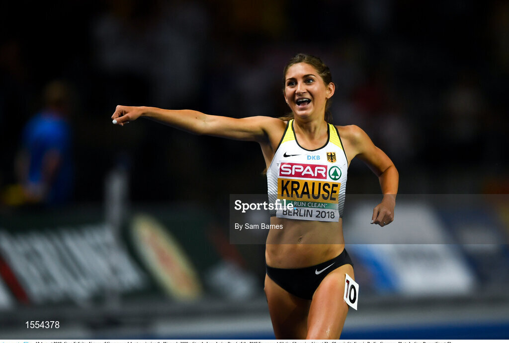 12 August 2018; Gesa Felicitas Krause of Germany celebrates winning the Women's 3000m Steeplechase during Day 6 of the 2018 European Athletics Championships at The Olympic Stadium in Berlin, Germany. Photo by Sam Barnes/Sportsfile