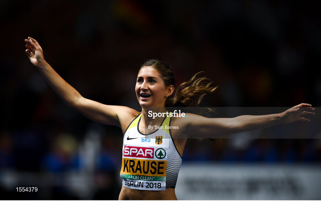 12 August 2018; Gesa Felicitas Krause of Germany celebrates winning the Women's 3000m Steeplechase during Day 6 of the 2018 European Athletics Championships at The Olympic Stadium in Berlin, Germany. Photo by Sam Barnes/Sportsfile