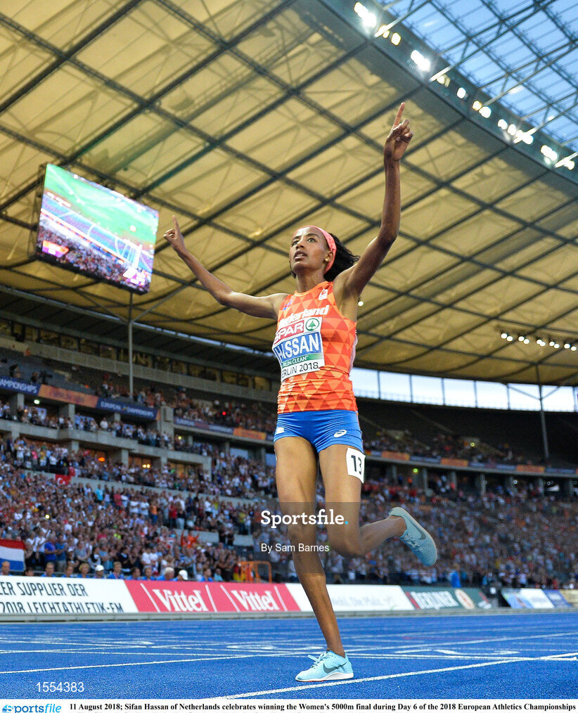 11 August 2018; Sifan Hassan of Netherlands celebrates winning the Women's 5000m final during Day 6 of the 2018 European Athletics Championships at The Olympic Stadium in Berlin, Germany. Photo by Sam Barnes/Sportsfile