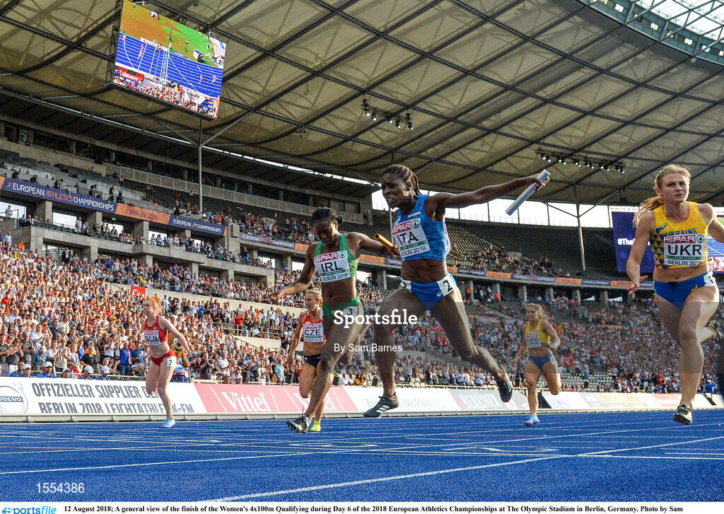 12 August 2018; A general view of the finish of the Women's 4x100m Qualifying during Day 6 of the 2018 European Athletics Championships at The Olympic Stadium in Berlin, Germany. Photo by Sam Barnes/Sportsfile
