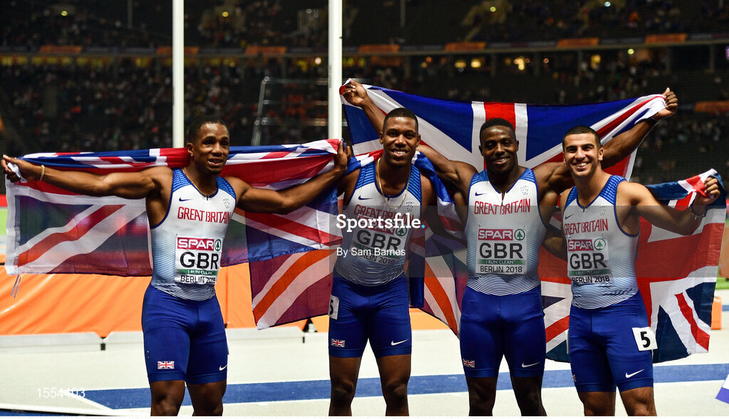 12 August 2018; The Great Britain Men's 4x100m Relay team celebrate after winning gold  during Day 6 of the 2018 European Athletics Championships at The Olympic Stadium in Berlin, Germany. Photo by Sam Barnes/Sportsfile