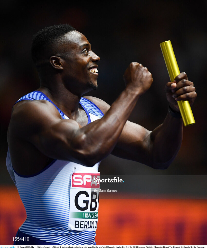 12 August 2018; Harry Aikines-Aryeetey of Great Britain celebrates winning a gold medal in the Men's 4x100m relay during Day 6 of the 2018 European Athletics Championships at The Olympic Stadium in Berlin, Germany. Photo by Sam Barnes/Sportsfile