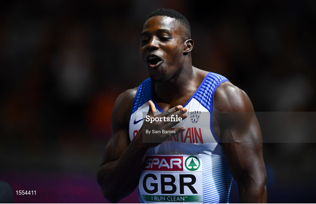 12 August 2018; Harry Aikines-Aryeetey of Great Britain celebrates winning a gold medal in the Men's 4x100m relay during Day 6 of the 2018 European Athletics Championships at The Olympic Stadium in Berlin, Germany. Photo by Sam Barnes/Sportsfile