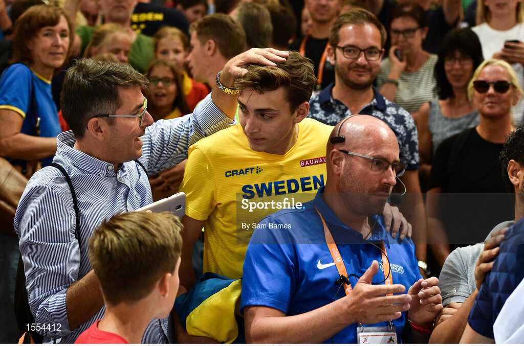 12 August 2018; Armand Duplantis of Sweden is congratulated by friends and family after winning the Men's Pole Vault during Day 6 of the 2018 European Athletics Championships at The Olympic Stadium in Berlin, Germany. Photo by Sam Barnes/Sportsfile