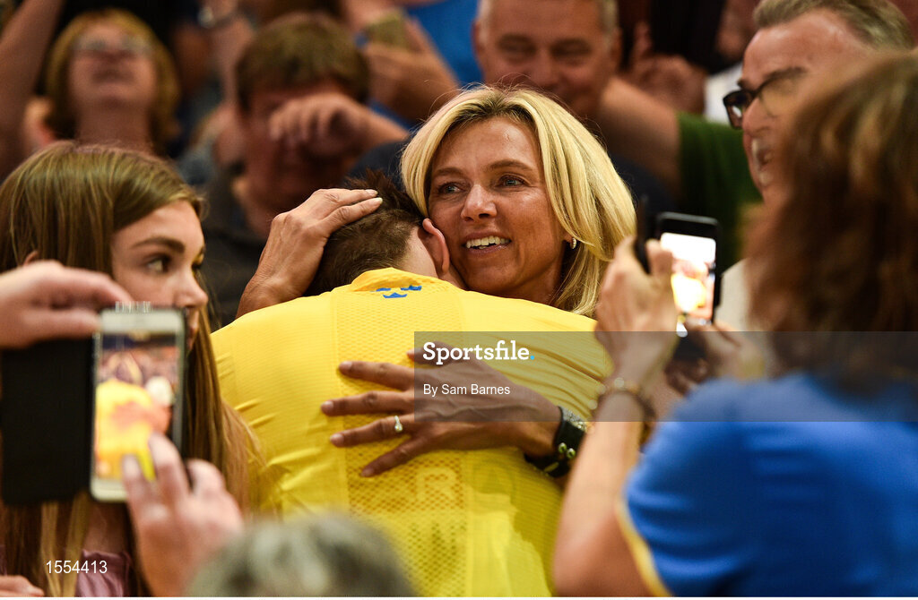 12 August 2018; Armand Duplantis of Sweden is congratulated by friends and family after winning the Men's Pole Vault during Day 6 of the 2018 European Athletics Championships at The Olympic Stadium in Berlin, Germany. Photo by Sam Barnes/Sportsfile
