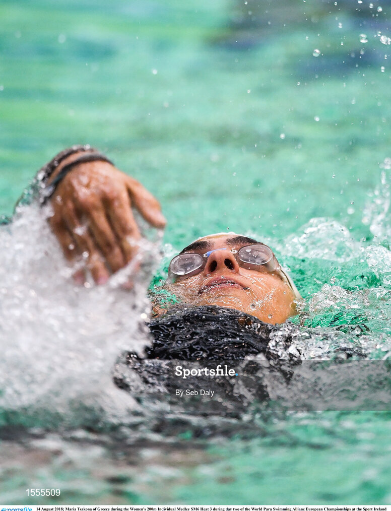 14 August 2018; Maria Tsakona of Greece competes in Heat 3 of the Women's 200m Individual Medley SM6 during day two of the World Para Swimming Allianz European Championships at the Sport Ireland National Aquatic Centre in Blanchardstown, Dublin. Photo by Seb Daly/Sportsfile