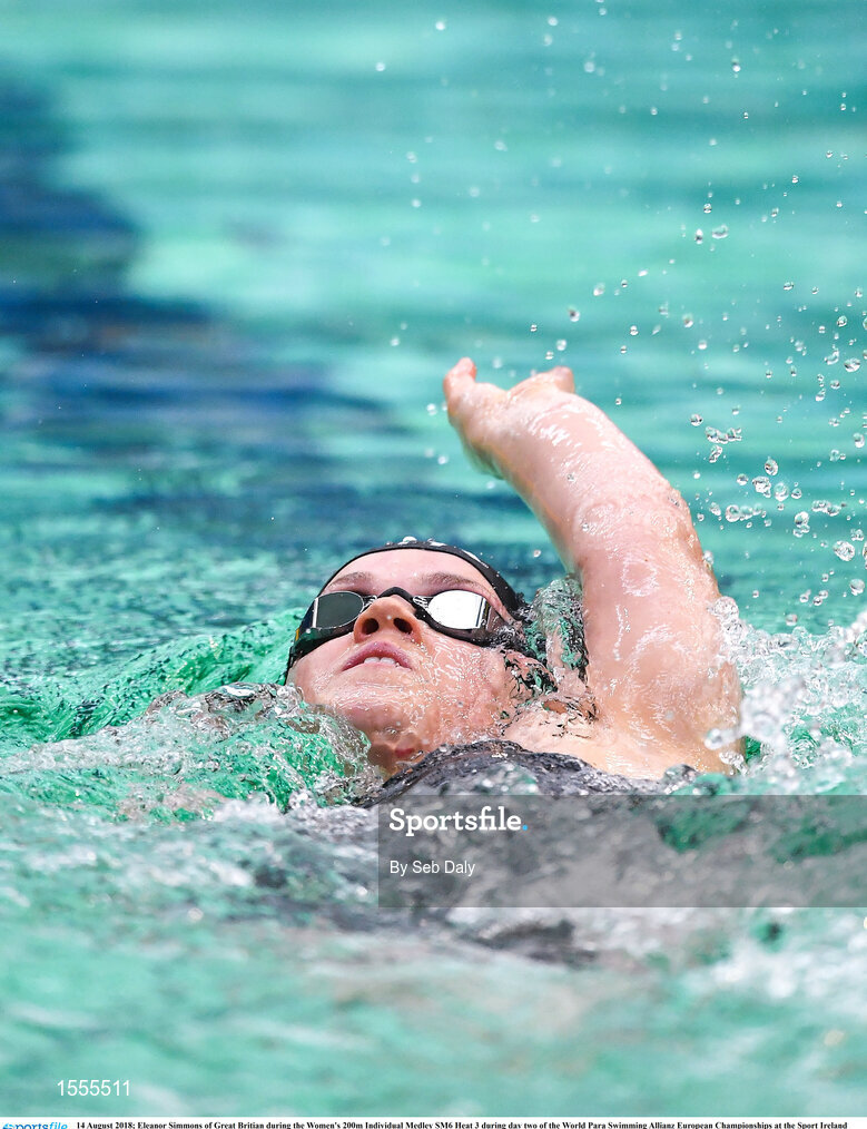 14 August 2018; Eleanor Simmons of Great Britian competes in Heat 3 of the Women's 200m Individual Medley SM6 during day two of the World Para Swimming Allianz European Championships at the Sport Ireland National Aquatic Centre in Blanchardstown, Dublin. Photo by Seb Daly/Sportsfile
