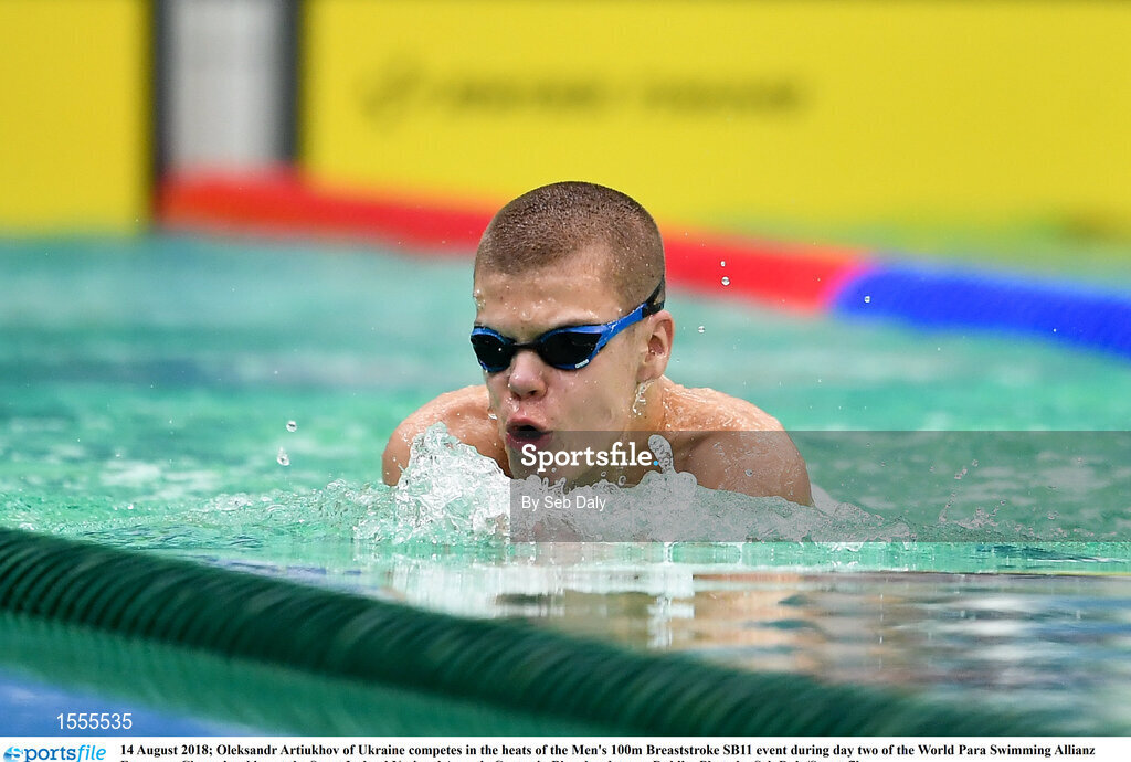 14 August 2018; Oleksandr Artiukhov of Ukraine competes in the heats of the Men's 100m Breaststroke SB11 event during day two of the World Para Swimming Allianz European Championships at the Sport Ireland National Aquatic Centre in Blanchardstown, Dublin. Photo by Seb Daly/Sportsfile