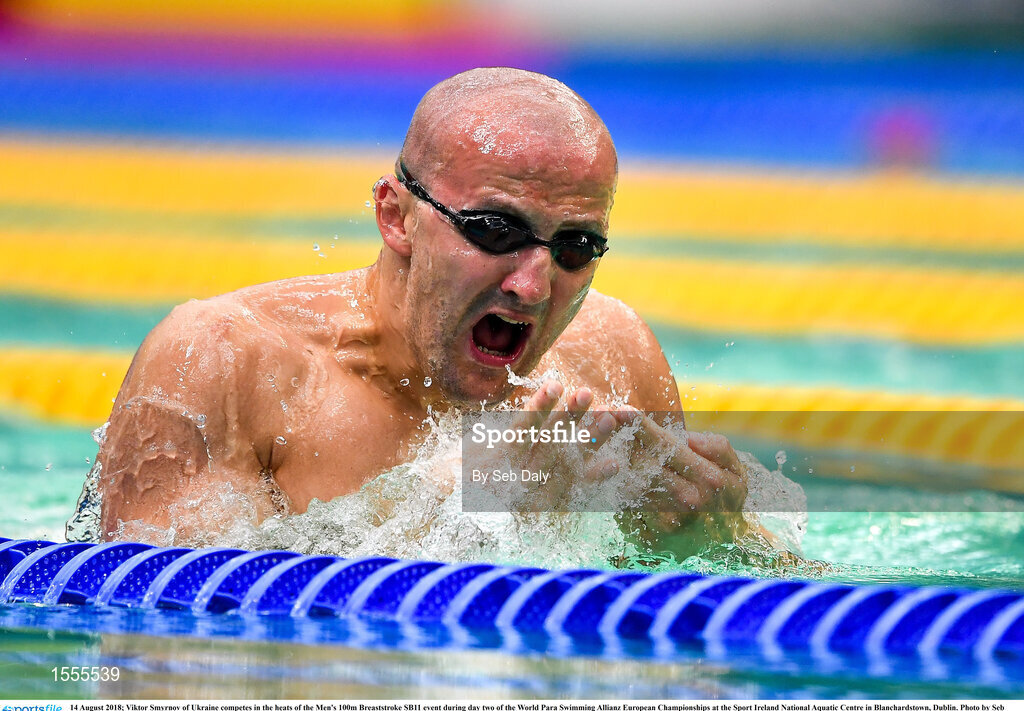 14 August 2018; Viktor Smyrnov of Ukraine competes in the heats of the Men's 100m Breaststroke SB11 event during day two of the World Para Swimming Allianz European Championships at the Sport Ireland National Aquatic Centre in Blanchardstown, Dublin. Photo by Seb Daly/Sportsfile