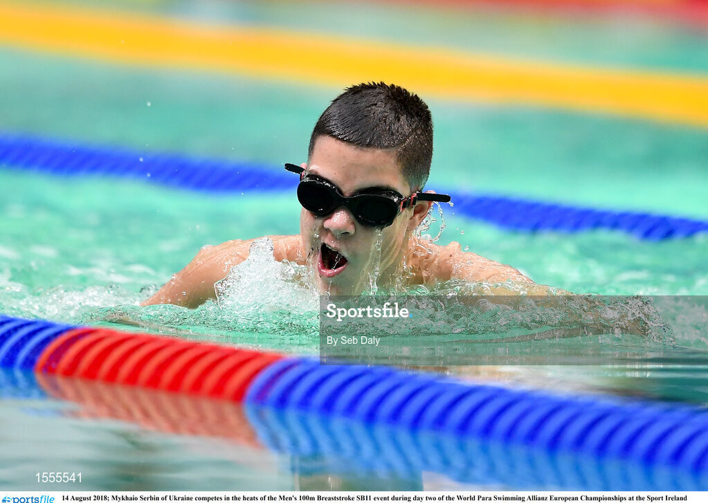 14 August 2018; Mykhaio Serbin of Ukraine competes in the heats of the Men's 100m Breaststroke SB11 event during day two of the World Para Swimming Allianz European Championships at the Sport Ireland National Aquatic Centre in Blanchardstown, Dublin. Photo by Seb Daly/Sportsfile