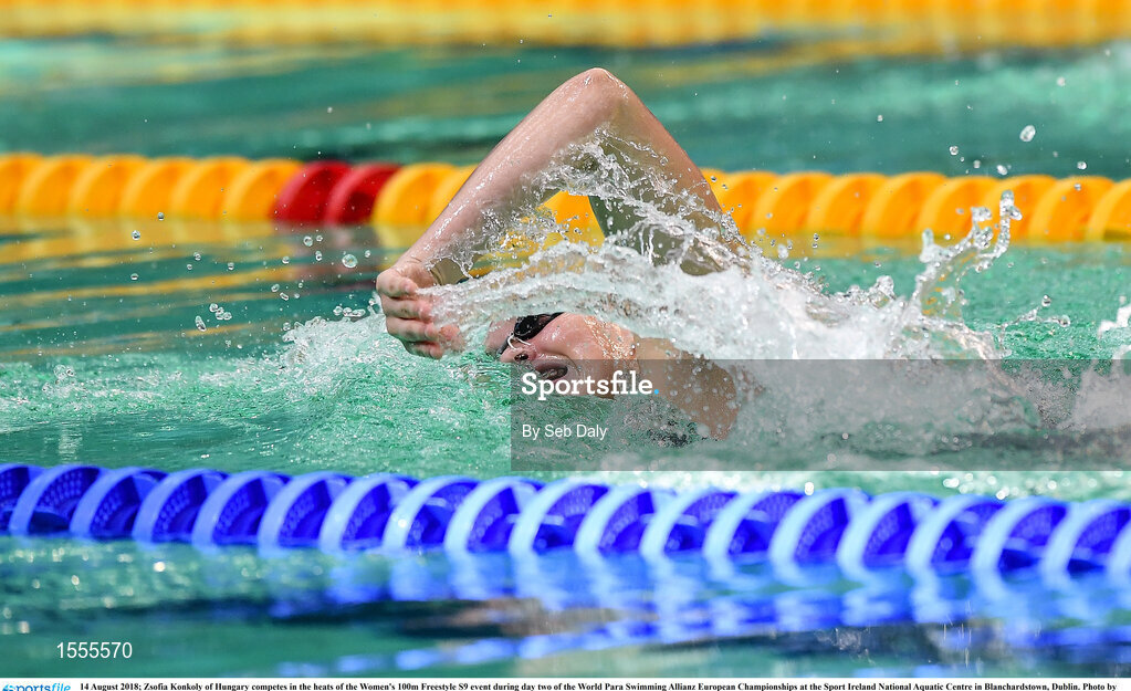 14 August 2018; Zsofia Konkoly of Hungary competes in the heats of the Women's 100m Freestyle S9 event during day two of the World Para Swimming Allianz European Championships at the Sport Ireland National Aquatic Centre in Blanchardstown, Dublin. Photo by Seb Daly/Sportsfile