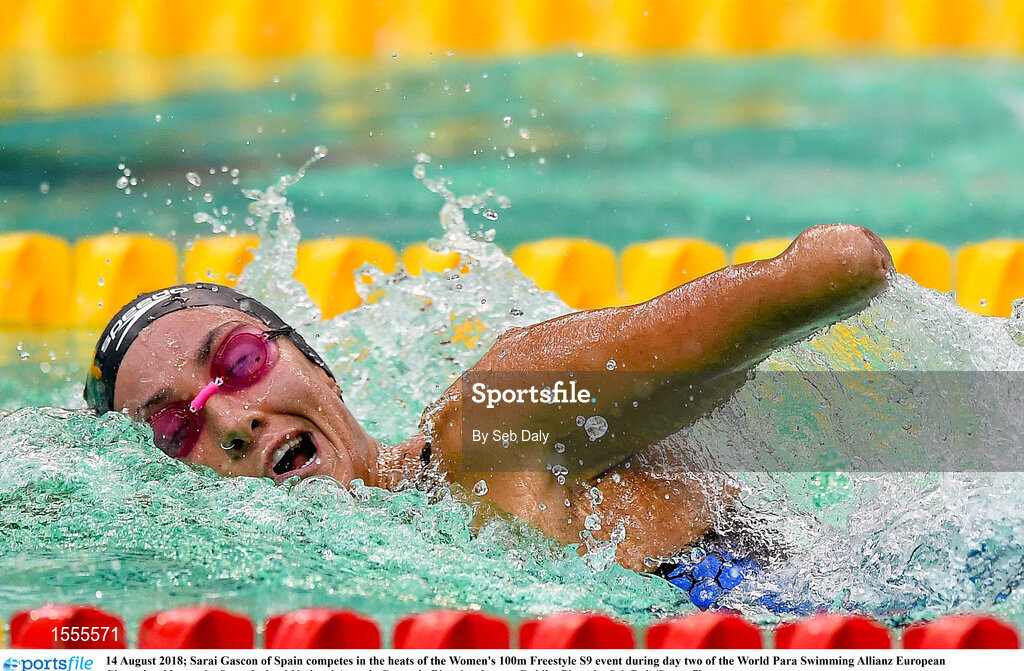 14 August 2018; Sarai Gascon of Spain competes in the heats of the Women's 100m Freestyle S9 event during day two of the World Para Swimming Allianz European Championships at the Sport Ireland National Aquatic Centre in Blanchardstown, Dublin. Photo by Seb Daly/Sportsfile