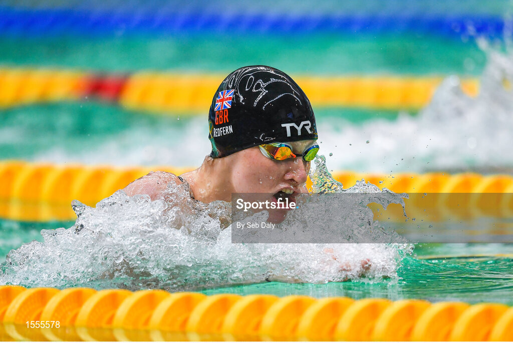 14 August 2018; Rebecca Redfern of Great Britian competes in the final of the Women's 100m Breaststroke SB13 event during day two of the World Para Swimming Allianz European Championships at the Sport Ireland National Aquatic Centre in Blanchardstown, Dublin. Photo by Seb Daly/Sportsfile