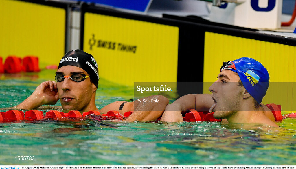 14 August 2018; Maksym Krypak, right, of Ukraine is and Stefano Raimondi of Italy, who finished second, after winning the Men's 100m Backstroke S10 Final event during day two of the World Para Swimming Allianz European Championships at the Sport Ireland National Aquatic Centre in Blanchardstown, Dublin. Photo by Seb Daly/Sportsfile