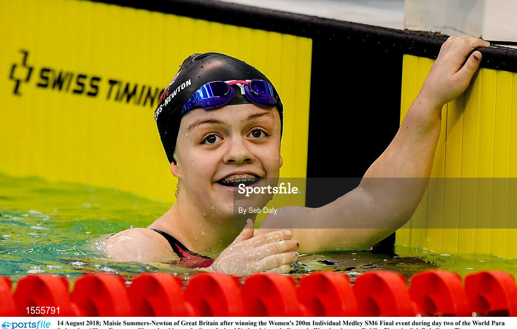 14 August 2018; Maisie Summers-Newton of Great Britain after winning the Women's 200m Individual Medley SM6 Final event during day two of the World Para Swimming Allianz European Championships at the Sport Ireland National Aquatic Centre in Blanchardstown, Dublin. Photo by Seb Daly/Sportsfile