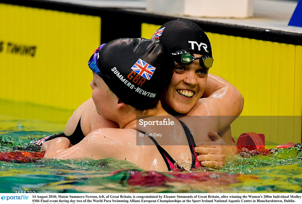 14 August 2018; Maisie Summers-Newton, left, of Great Britain, is congratulated by Eleanor Simmonds of Great Britain, after winning the Women's 200m Individual Medley SM6 Final event during day two of the World Para Swimming Allianz European Championships at the Sport Ireland National Aquatic Centre in Blanchardstown, Dublin. Photo by Seb Daly/Sportsfile