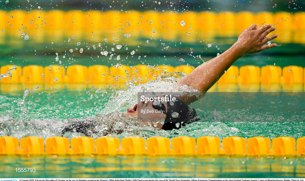 14 August 2018; Yelyzaveta Mereshko of Ukraine on the way to finishing second in the Women's 200m Individual Medley SM6 Final event during day two of the World Para Swimming Allianz European Championships at the Sport Ireland National Aquatic Centre in Blanchardstown, Dublin. Photo by Seb Daly/Sportsfile