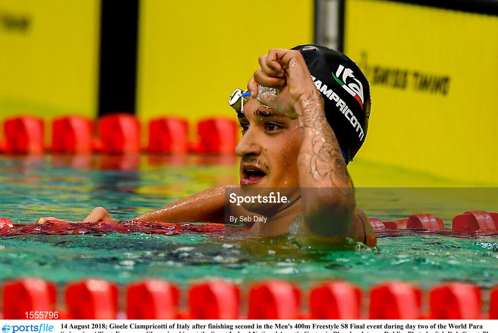14 August 2018; Gioele Ciampricotti of Italy after finishing second in the Men's 400m Freestyle S8 Final event during day two of the World Para Swimming Allianz European Championships at the Sport Ireland National Aquatic Centre in Blanchardstown, Dublin. Photo by Seb Daly/Sportsfile