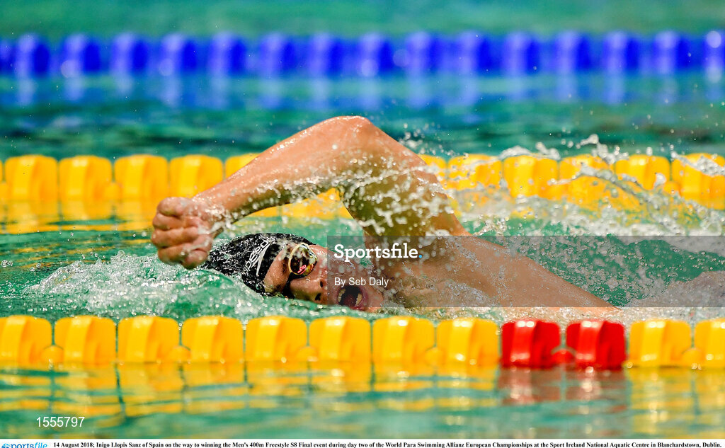 14 August 2018; Inigo Llopis Sanz of Spain on the way to winning the Men's 400m Freestyle S8 Final event during day two of the World Para Swimming Allianz European Championships at the Sport Ireland National Aquatic Centre in Blanchardstown, Dublin. Photo by Seb Daly/Sportsfile