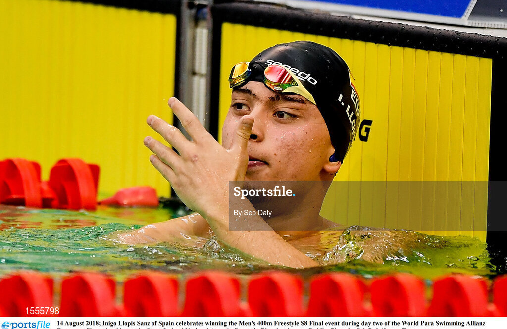 14 August 2018; Inigo Llopis Sanz of Spain celebrates winning the Men's 400m Freestyle S8 Final event during day two of the World Para Swimming Allianz European Championships at the Sport Ireland National Aquatic Centre in Blanchardstown, Dublin. Photo by Seb Daly/Sportsfile