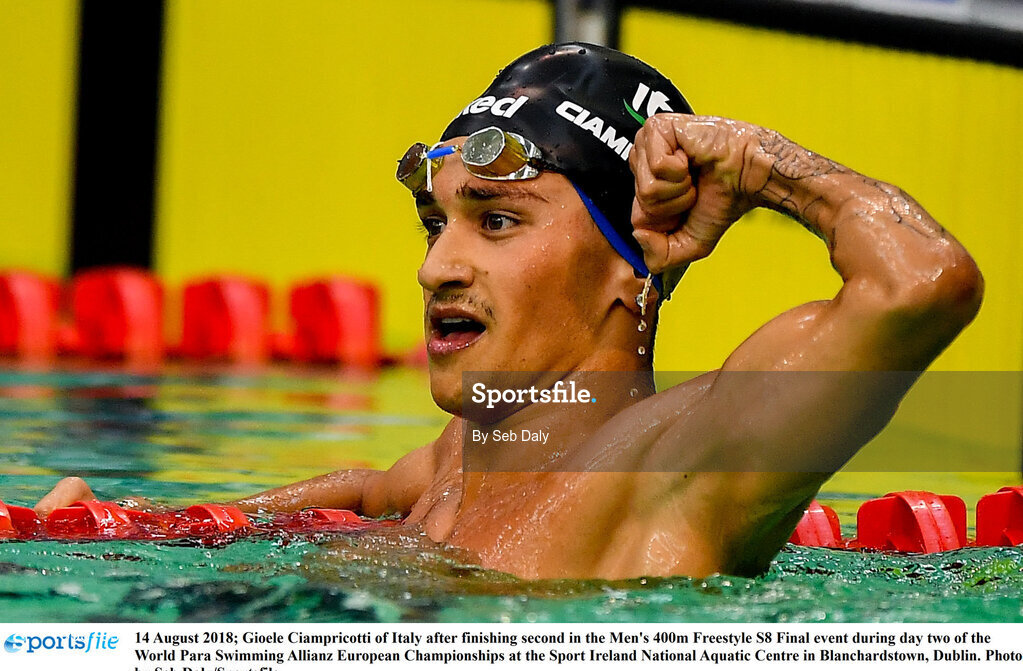 14 August 2018; Gioele Ciampricotti of Italy after finishing second in the Men's 400m Freestyle S8 Final event during day two of the World Para Swimming Allianz European Championships at the Sport Ireland National Aquatic Centre in Blanchardstown, Dublin. Photo by Seb Daly/Sportsfile