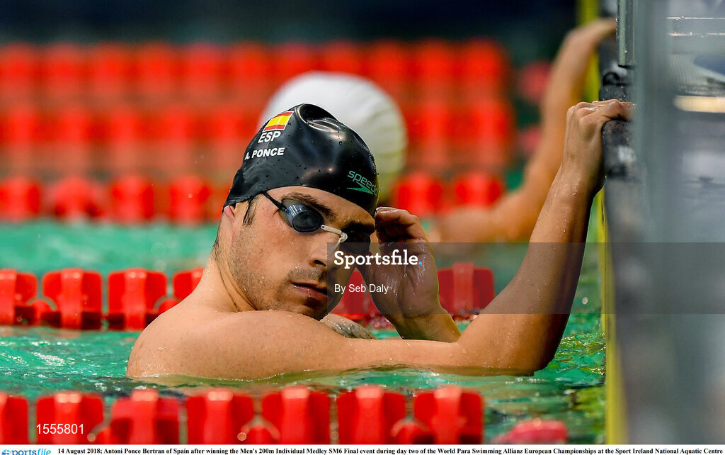 14 August 2018; Antoni Ponce Bertran of Spain after winning the Men's 200m Individual Medley SM6 Final event during day two of the World Para Swimming Allianz European Championships at the Sport Ireland National Aquatic Centre in Blanchardstown, Dublin. Photo by Seb Daly/Sportsfile