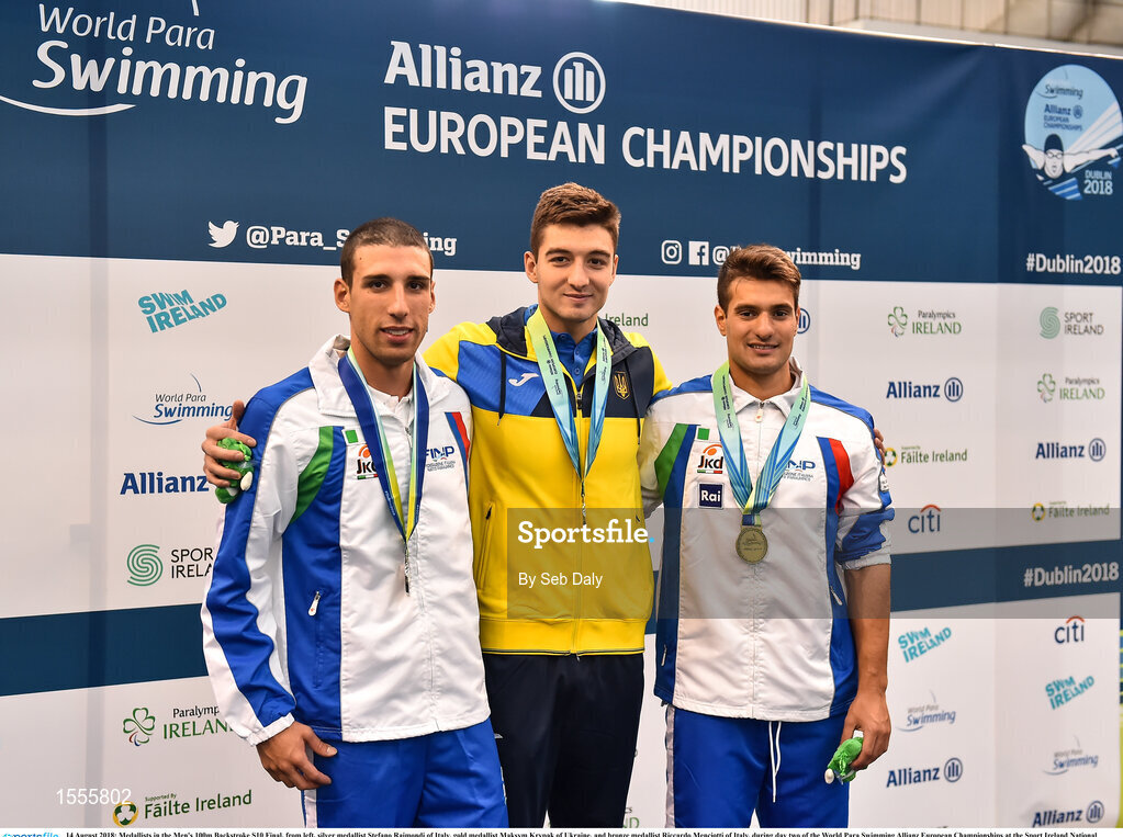 14 August 2018; Medallists in the Men's 100m Backstroke S10 Final, from left, silver medallist Stefano Raimondi of Italy, gold medallist Maksym Krypak of Ukraine, and bronze medallist Riccardo Menciotti of Italy, during day two of the World Para Swimming Allianz European Championships at the Sport Ireland National Aquatic Centre in Blanchardstown, Dublin. Photo by Seb Daly/Sportsfile