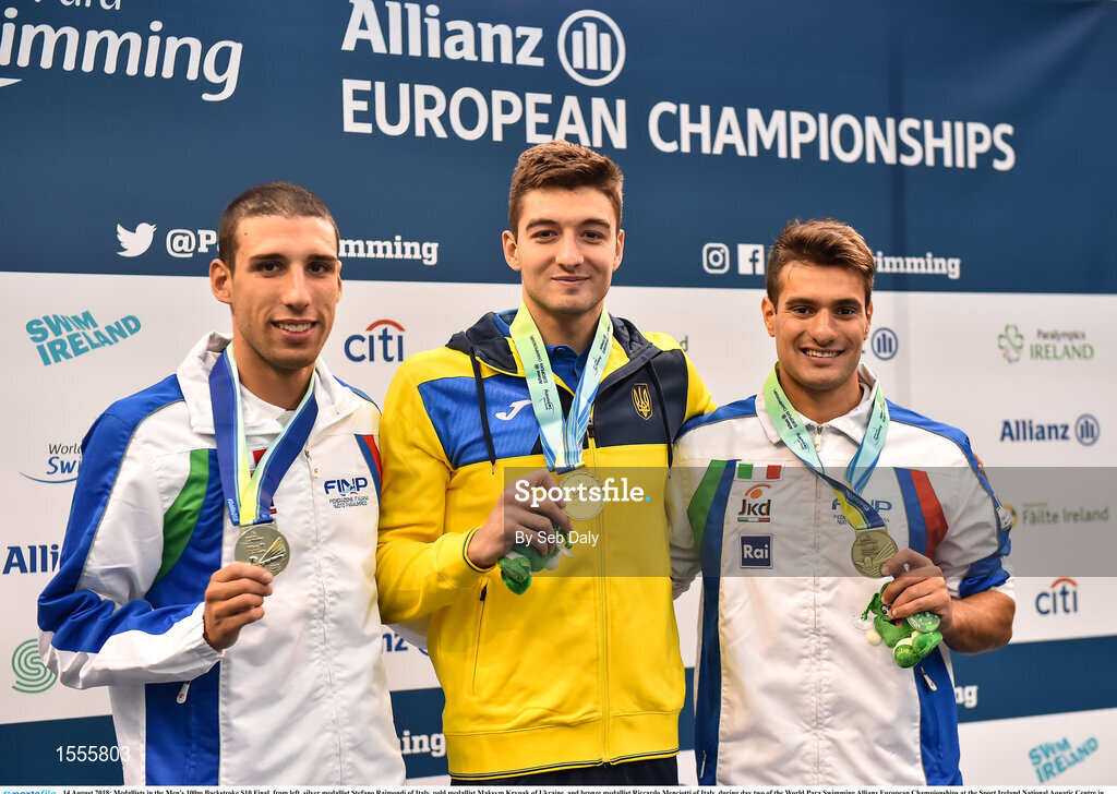 14 August 2018; Medallists in the Men's 100m Backstroke S10 Final, from left, silver medallist Stefano Raimondi of Italy, gold medallist Maksym Krypak of Ukraine, and bronze medallist Riccardo Menciotti of Italy, during day two of the World Para Swimming Allianz European Championships at the Sport Ireland National Aquatic Centre in Blanchardstown, Dublin. Photo by Seb Daly/Sportsfile