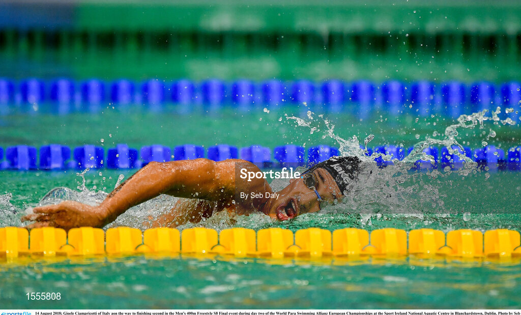 14 August 2018; Gioele Ciampricotti of Italy on the way to finishing second in the Men's 400m Freestyle S8 Final event during day two of the World Para Swimming Allianz European Championships at the Sport Ireland National Aquatic Centre in Blanchardstown, Dublin. Photo by Seb Daly/Sportsfile