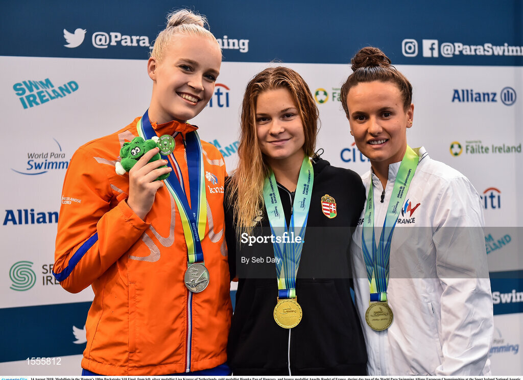 14 August 2018; Medallists in the Women's 100m Backstroke S10 Final, from left, silver medallist Lisa Kruger of Netherlands, gold medallist Biamka Pap of Hungary, and bronze medallist Anaelle Roulet of France, during day two of the World Para Swimming Allianz European Championships at the Sport Ireland National Aquatic Centre in Blanchardstown, Dublin.  Photo by Seb Daly/Sportsfile