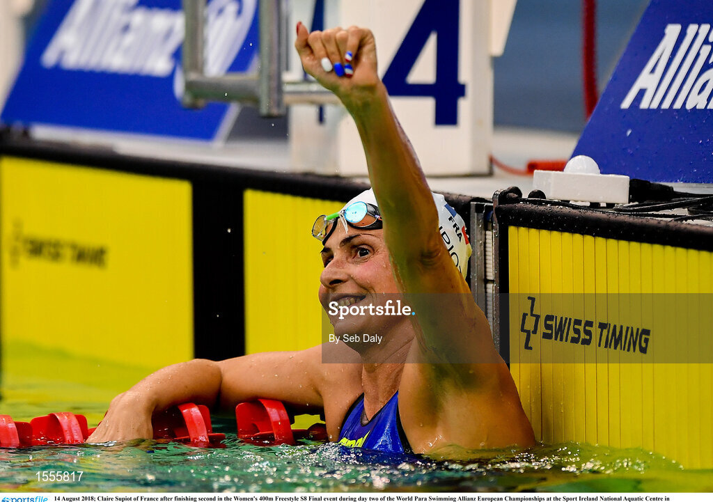 14 August 2018; Claire Supiot of France after finishing second in the Women's 400m Freestyle S8 Final event during day two of the World Para Swimming Allianz European Championships at the Sport Ireland National Aquatic Centre in Blanchardstown, Dublin. Photo by Seb Daly/Sportsfile