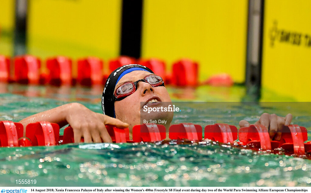 14 August 2018; Xenia Francesca Palazzo of Italy after winning the Women's 400m Freestyle S8 Final event during day two of the World Para Swimming Allianz European Championships at the Sport Ireland National Aquatic Centre in Blanchardstown, Dublin. Photo by Seb Daly/Sportsfile
