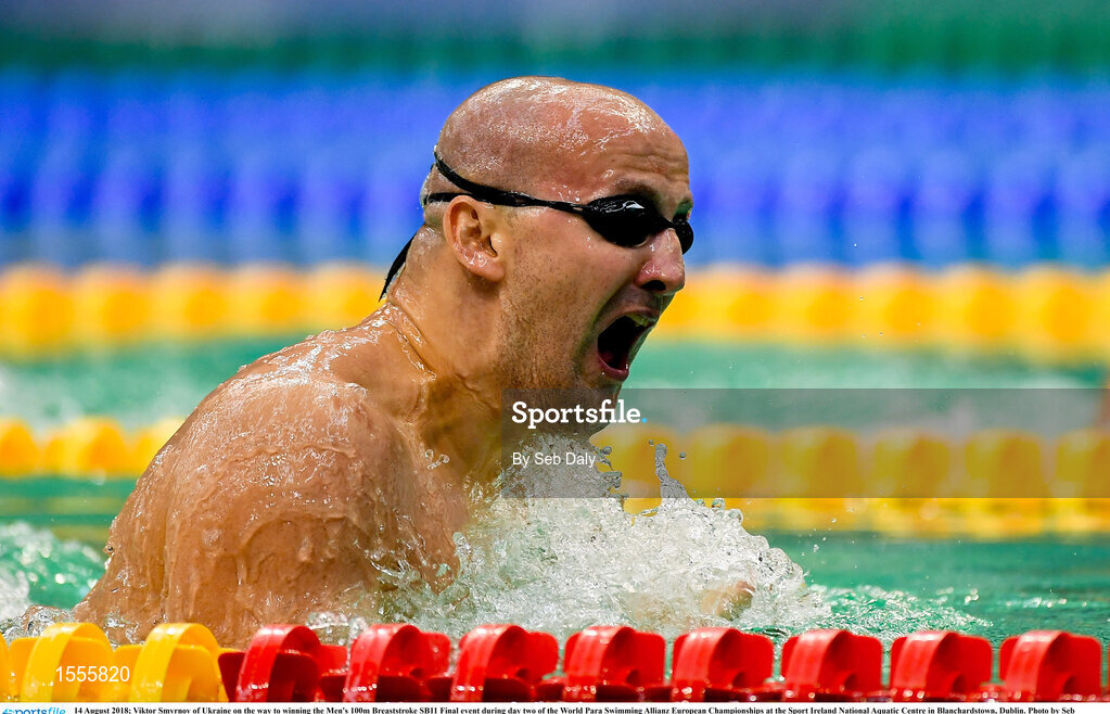 14 August 2018; Viktor Smyrnov of Ukraine on the way to winning the Men's 100m Breaststroke SB11 Final event during day two of the World Para Swimming Allianz European Championships at the Sport Ireland National Aquatic Centre in Blanchardstown, Dublin. Photo by Seb Daly/Sportsfile