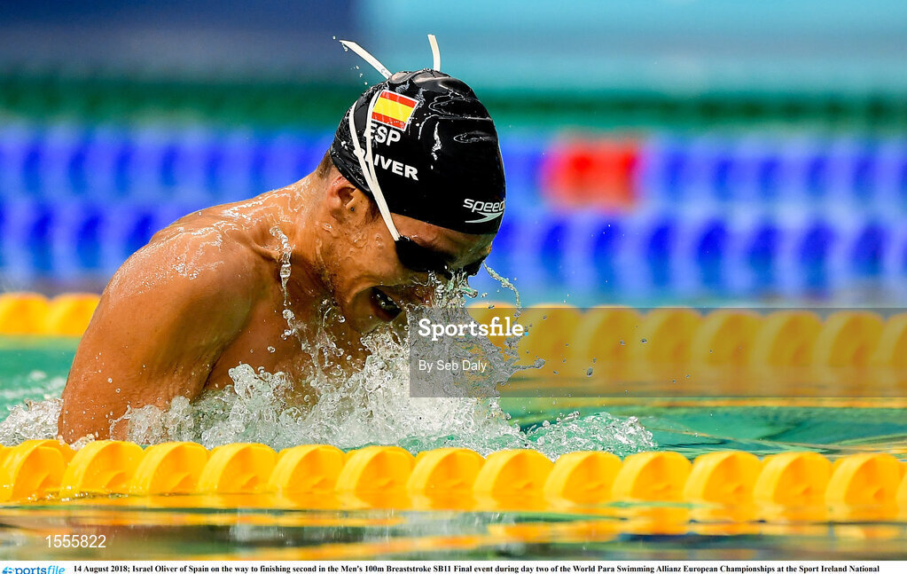 14 August 2018; Israel Oliver of Spain on the way to finishing second in the Men's 100m Breaststroke SB11 Final event during day two of the World Para Swimming Allianz European Championships at the Sport Ireland National Aquatic Centre in Blanchardstown, Dublin. Photo by Seb Daly/Sportsfile