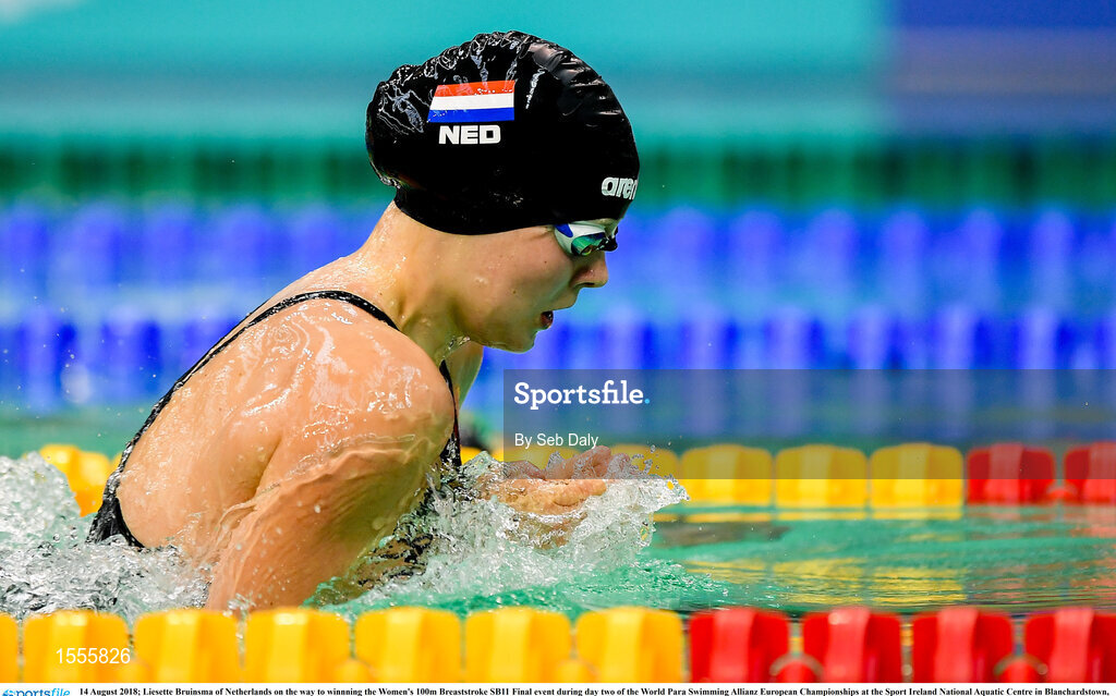 14 August 2018; Liesette Bruinsma of Netherlands on the way to winnning the Women's 100m Breaststroke SB11 Final event during day two of the World Para Swimming Allianz European Championships at the Sport Ireland National Aquatic Centre in Blanchardstown, Dublin. Photo by Seb Daly/Sportsfile