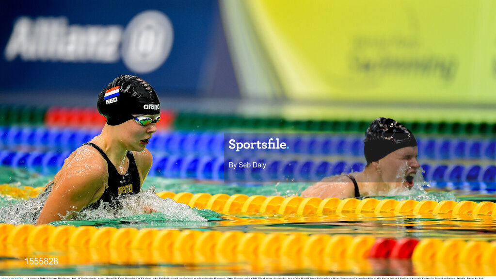 14 August 2018; Liesette Bruinsma, left, of Netherlands, races alongside Yana Berezhna of Ukriane, who finished second, on the way to winnning the Women's 100m Breaststroke SB11 Final event during day two of the World Para Swimming Allianz European Championships at the Sport Ireland National Aquatic Centre in Blanchardstown, Dublin. Photo by Seb Daly/Sportsfile