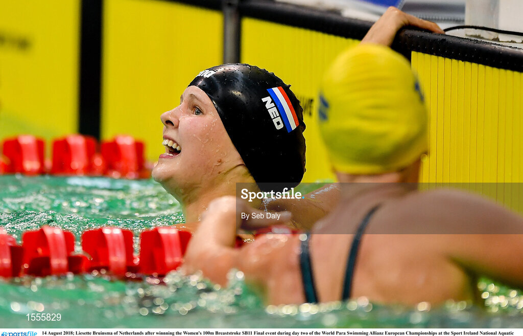 14 August 2018; Liesette Bruinsma of Netherlands after winnning the Women's 100m Breaststroke SB11 Final event during day two of the World Para Swimming Allianz European Championships at the Sport Ireland National Aquatic Centre in Blanchardstown, Dublin. Photo by Seb Daly/Sportsfile