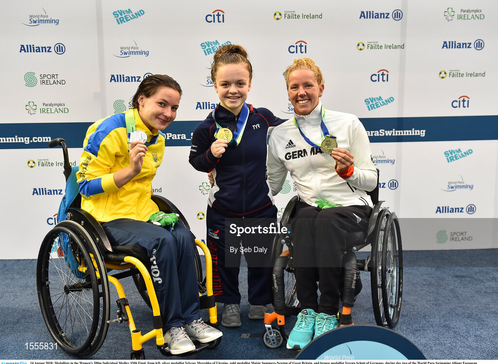14 August 2018; Medallists in the Women's 200m Individual Medley SM6 Final, from left, silver medallist Yelyzav Mereshko of Ukraine, gold medallist Maisie Summers-Newton of Great Britain, and bronze medallist Verena Schott of Germany, during day two of the World Para Swimming Allianz European Championships at the Sport Ireland National Aquatic Centre in Blanchardstown, Dublin.  Photo by Seb Daly/Sportsfile