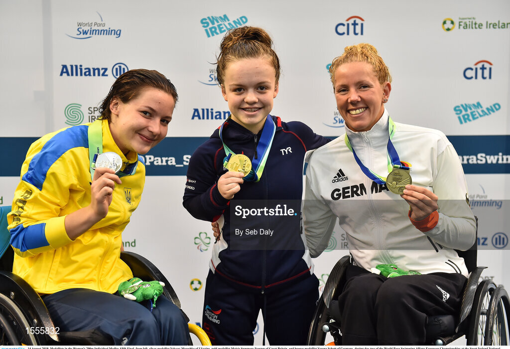 14 August 2018; Medallists in the Women's 200m Individual Medley SM6 Final, from left, silver medallist Yelyzav Mereshko of Ukraine, gold medallist Maisie Summers-Newton of Great Britain, and bronze medallist Verena Schott of Germany, during day two of the World Para Swimming Allianz European Championships at the Sport Ireland National Aquatic Centre in Blanchardstown, Dublin.  Photo by Seb Daly/Sportsfile