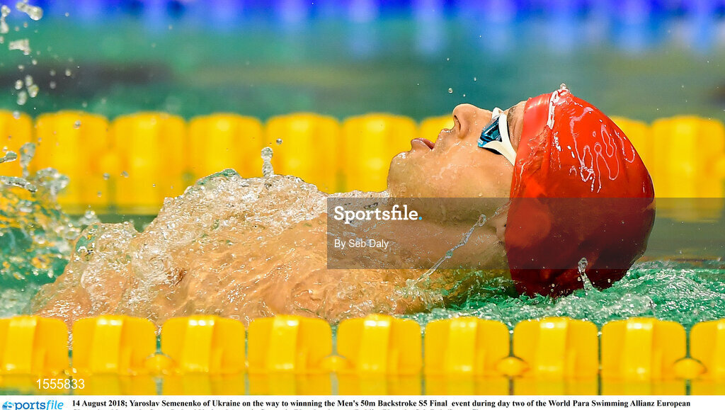 14 August 2018; Yaroslav Semenenko of Ukraine on the way to winnning the Men's 50m Backstroke S5 Final  event during day two of the World Para Swimming Allianz European Championships at the Sport Ireland National Aquatic Centre in Blanchardstown, Dublin. Photo by Seb Daly/Sportsfile