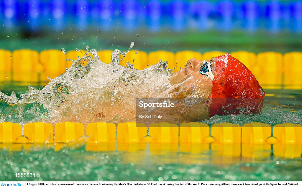 14 August 2018; Yaroslav Semenenko of Ukraine on the way to winnning the Men's 50m Backstroke S5 Final  event during day two of the World Para Swimming Allianz European Championships at the Sport Ireland National Aquatic Centre in Blanchardstown, Dublin. Photo by Seb Daly/Sportsfile