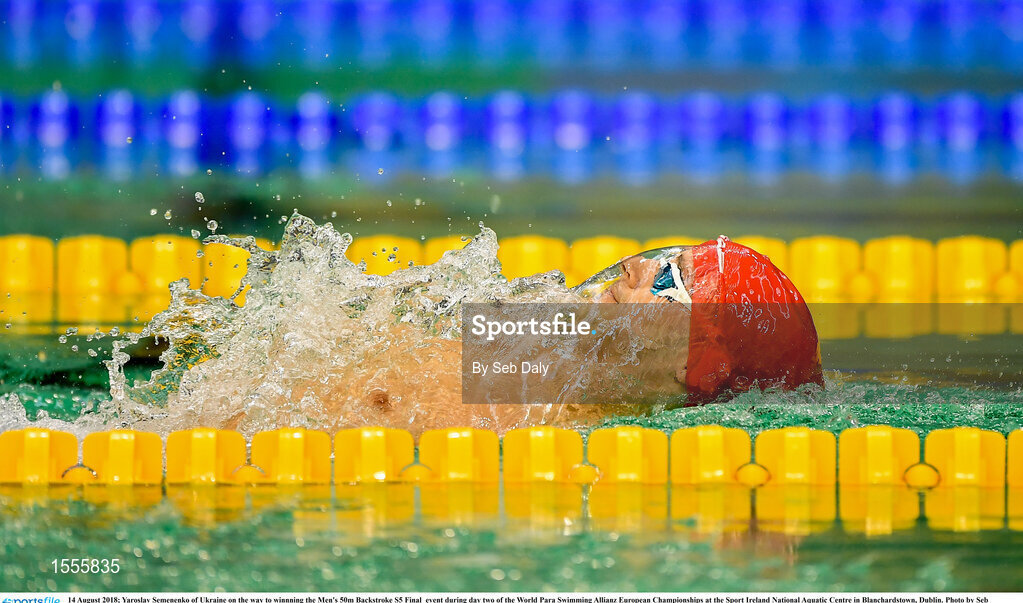 14 August 2018; Yaroslav Semenenko of Ukraine on the way to winnning the Men's 50m Backstroke S5 Final  event during day two of the World Para Swimming Allianz European Championships at the Sport Ireland National Aquatic Centre in Blanchardstown, Dublin. Photo by Seb Daly/Sportsfile