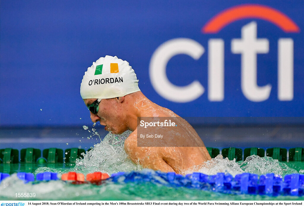 14 August 2018; Sean O'Riordan of Ireland competing in the Men's 100m Breaststroke SB13 Final event during day two of the World Para Swimming Allianz European Championships at the Sport Ireland National Aquatic Centre in Blanchardstown, Dublin. Photo by Seb Daly/Sportsfile