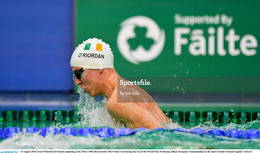14 August 2018; Sean O'Riordan of Ireland competing in the Men's 100m Breaststroke SB13 Final event during day two of the World Para Swimming Allianz European Championships at the Sport Ireland National Aquatic Centre in Blanchardstown, Dublin. Photo by Seb Daly/Sportsfile